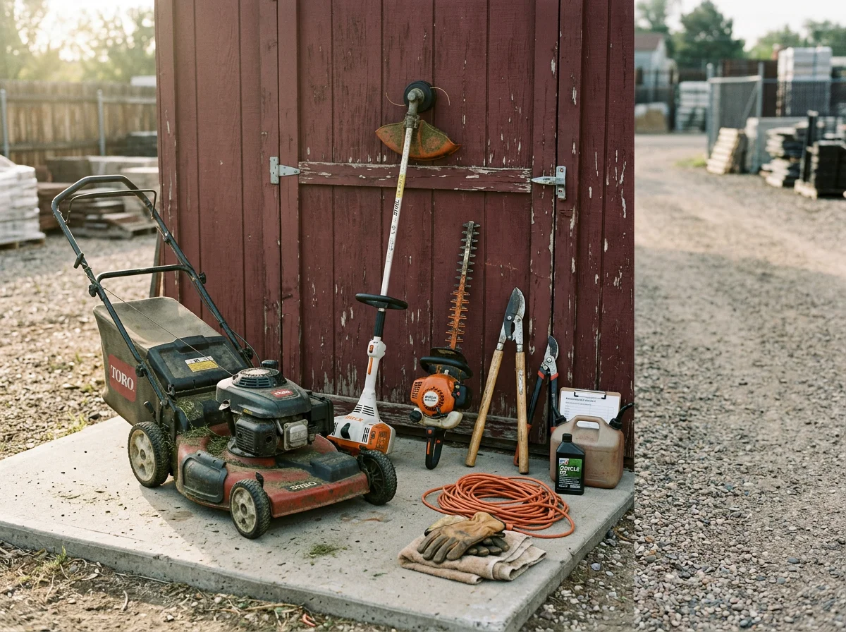 Landscaping tools and equipment arranged on a work surface, representing the range of lawn care and property maintenance services.