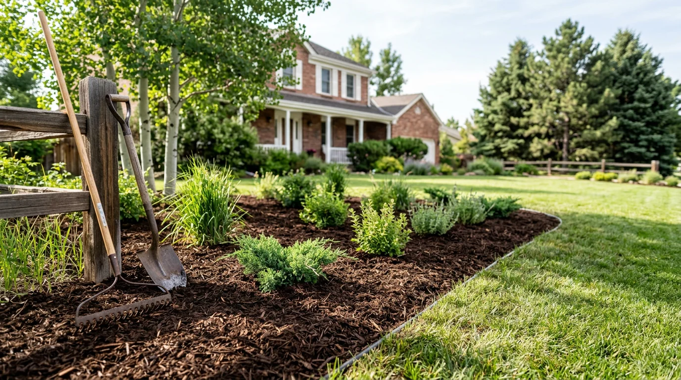 Professionally landscaped residential yard with mulched beds and trimmed shrubs