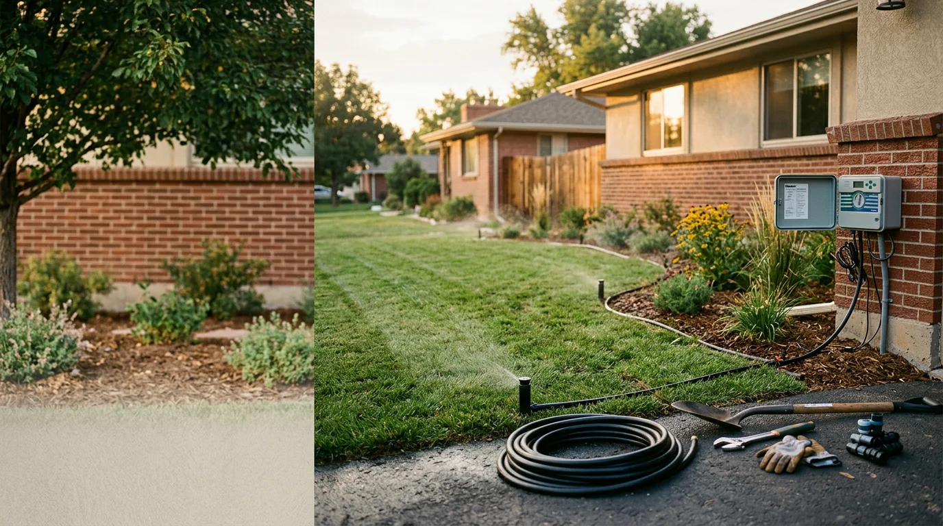 Residential sprinkler system head watering a lawn in a yard