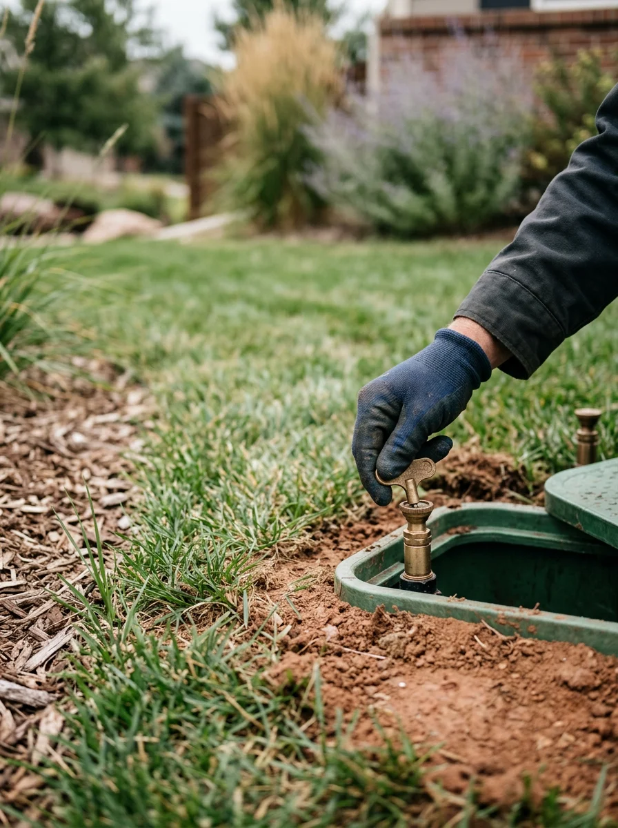 A technician adjusting a sprinkler head in a Centennial, CO yard, with clay soil and established turf visible around the irrigation zone.