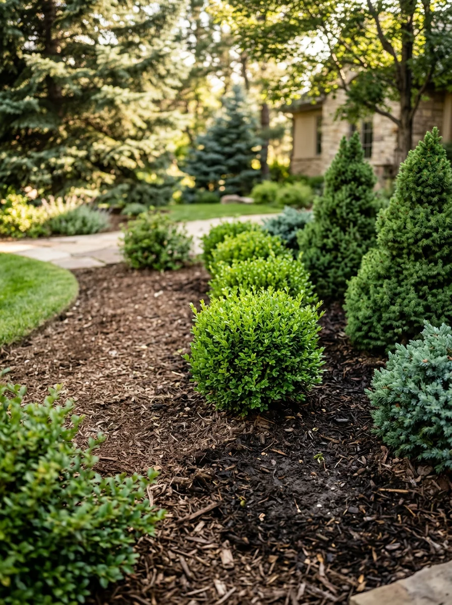 Close-up of a well-trimmed ornamental shrub bed along a Cherry Hills Village estate property, with clay soil visible between mulched plantings.
