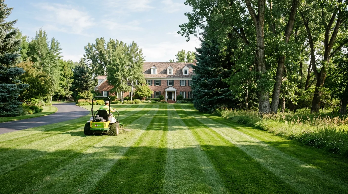 A wide, one-acre residential lawn in Cherry Hills Village, CO being mowed in precise rows, with mature cottonwood trees and a winding driveway visible in the background.