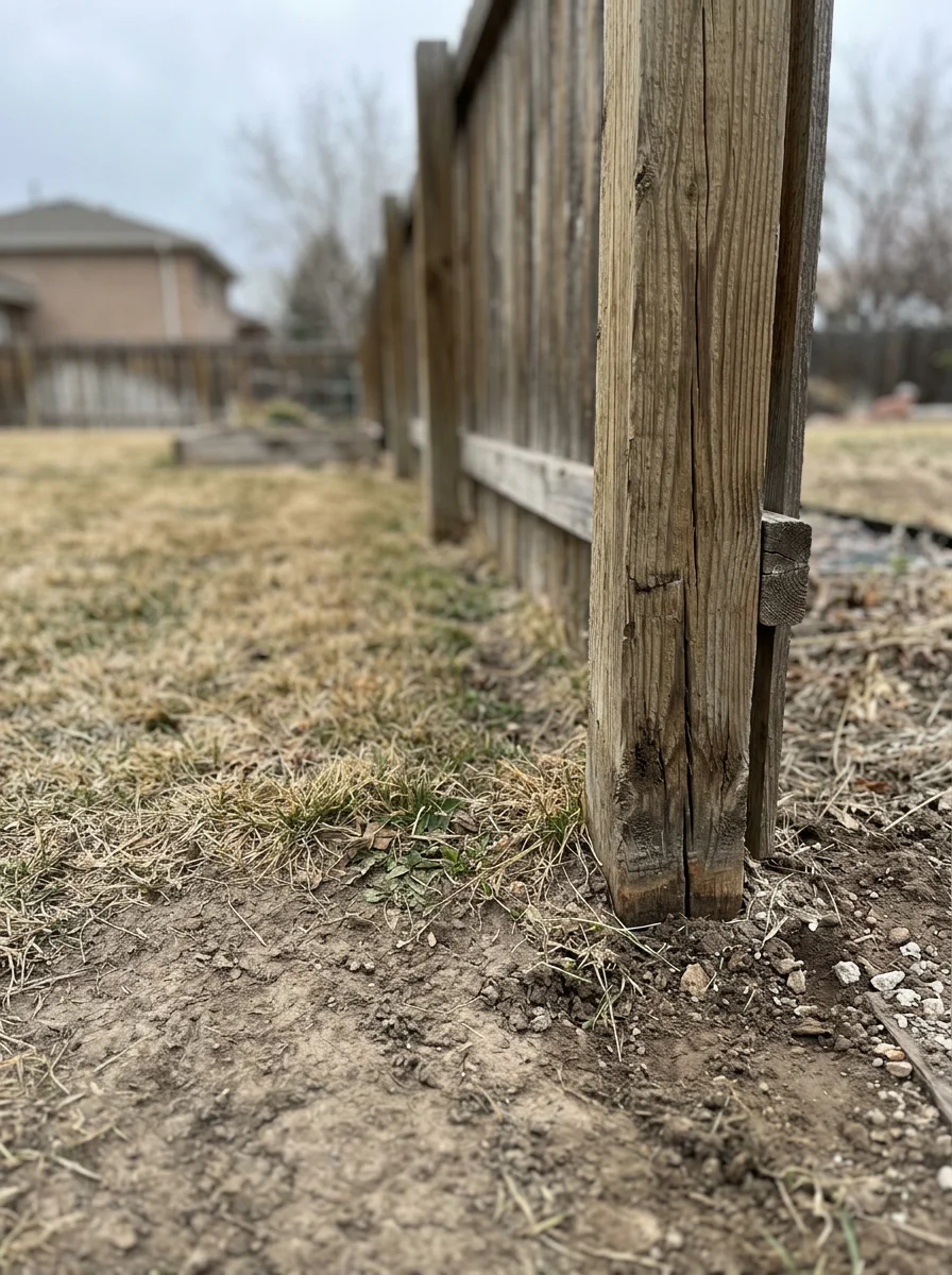 A close-up of a wood fence post being inspected at the soil line in an Englewood, CO yard, showing clay soil and signs of freeze-thaw movement around the base.