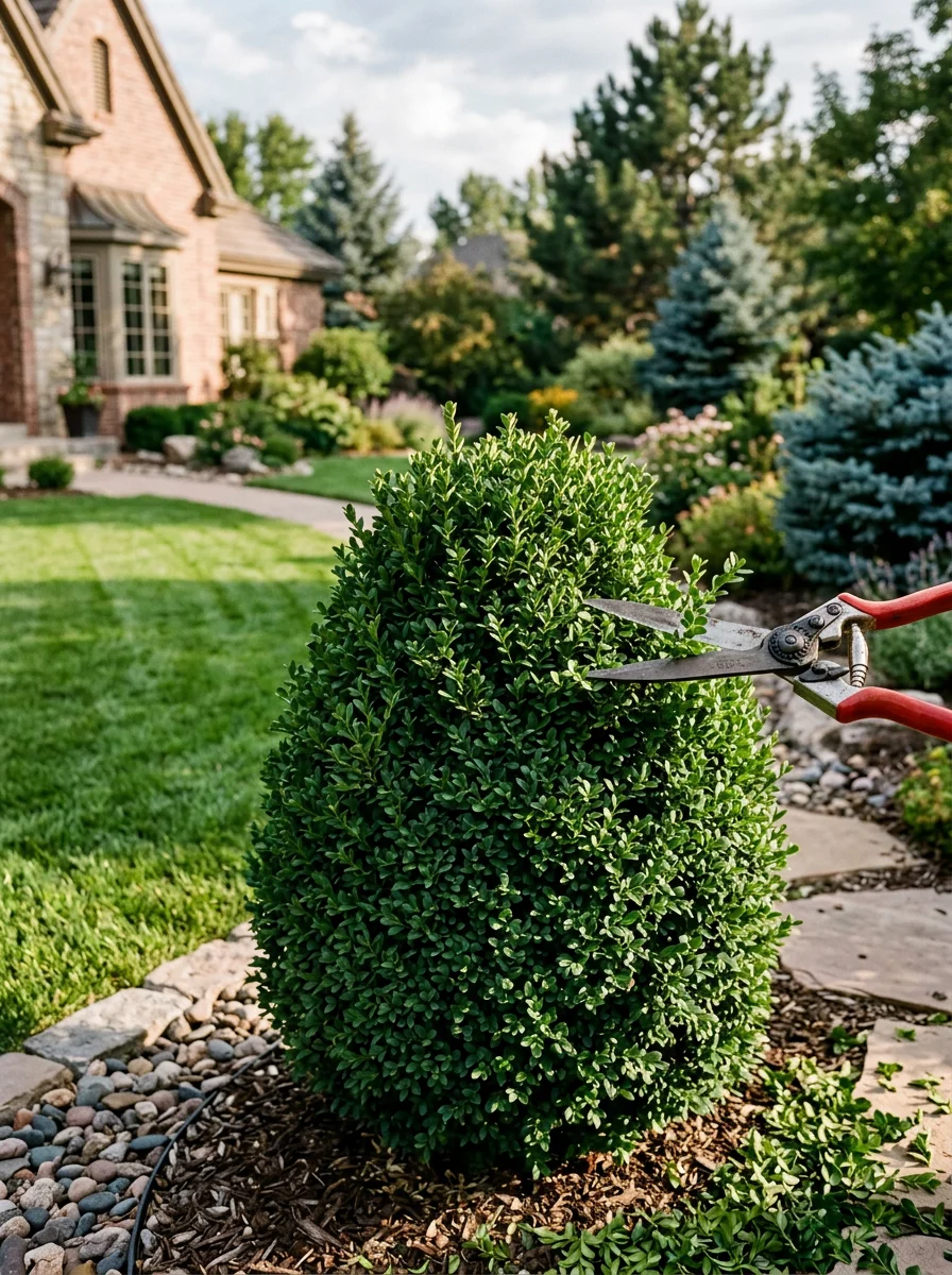 A Greenwood Village, CO ornamental shrub being carefully hand-trimmed to preserve its natural form, with a spacious residential lot visible behind it.