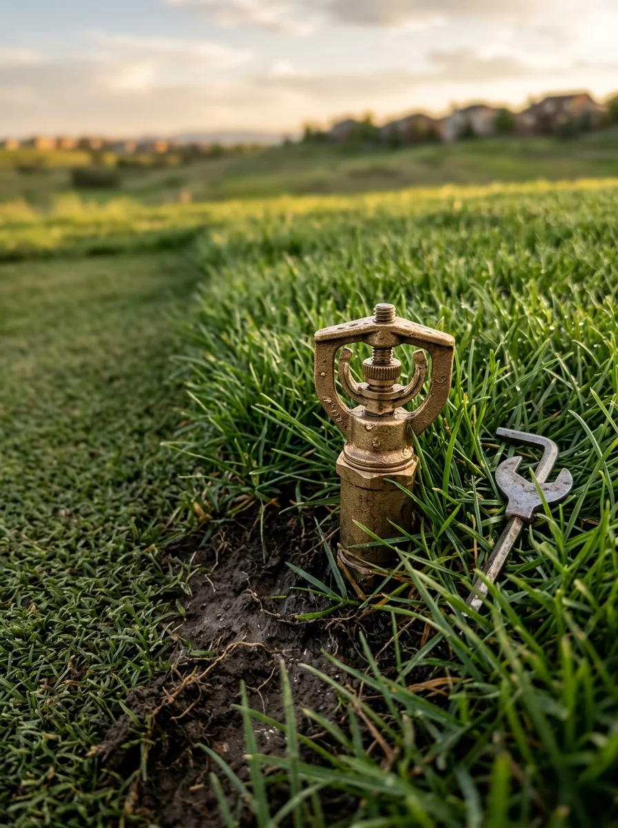 A Highlands Ranch, CO sprinkler head being inspected and adjusted in a mature turf zone, with clay soil and established bluegrass visible around the head.