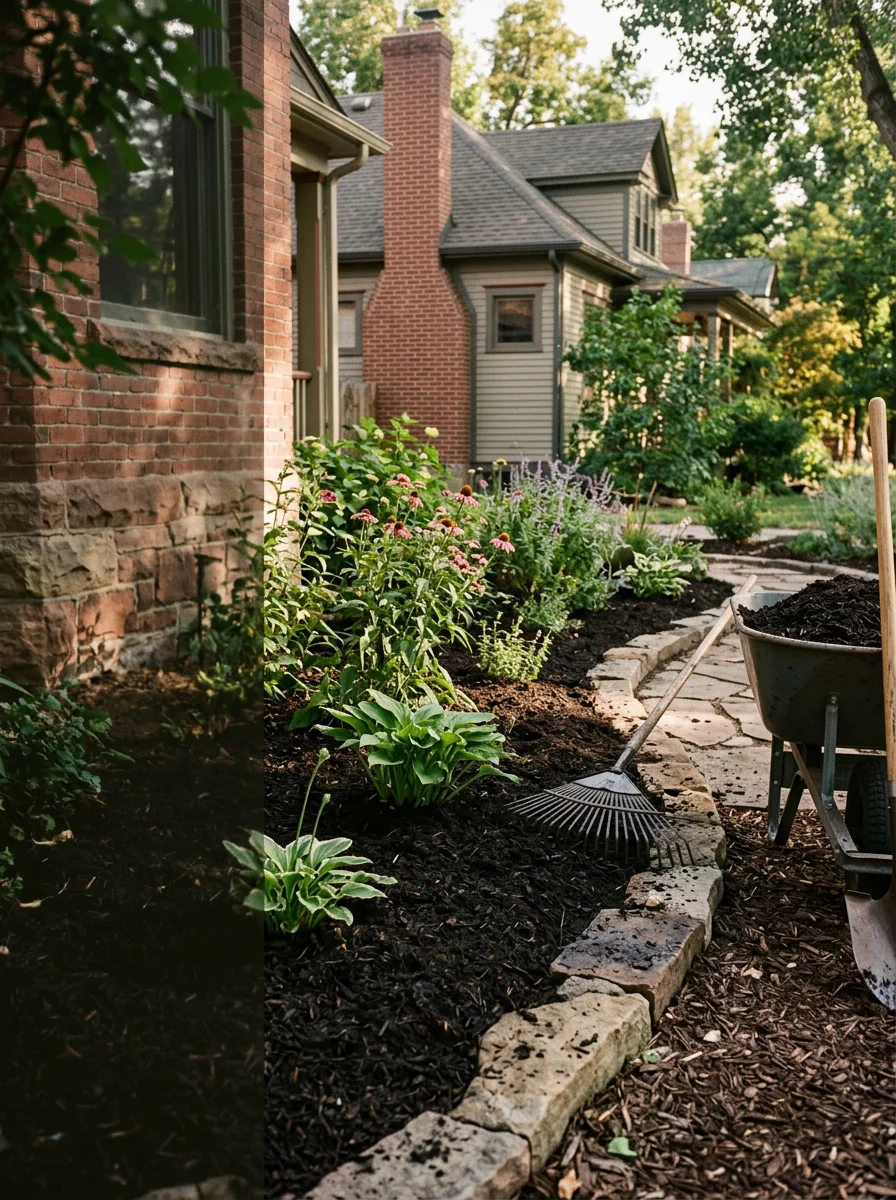 Fresh mulch being applied to an established perennial bed in an Old Littleton, CO historic neighborhood, with a mature tree canopy and early 1900s-era home foundation visible nearby.