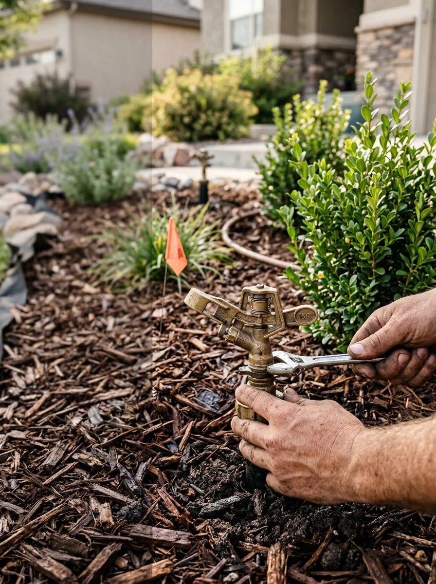A sprinkler head being adjusted in a Lone Tree, CO landscape bed with young ornamental plantings and mulch visible around the irrigation zone.