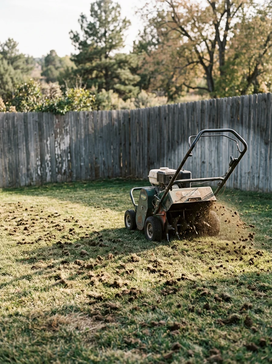 A core aerator working a small Sheridan, CO backyard lawn, with clay soil plugs visible on the surface and a compact lot fence line close behind the machine.