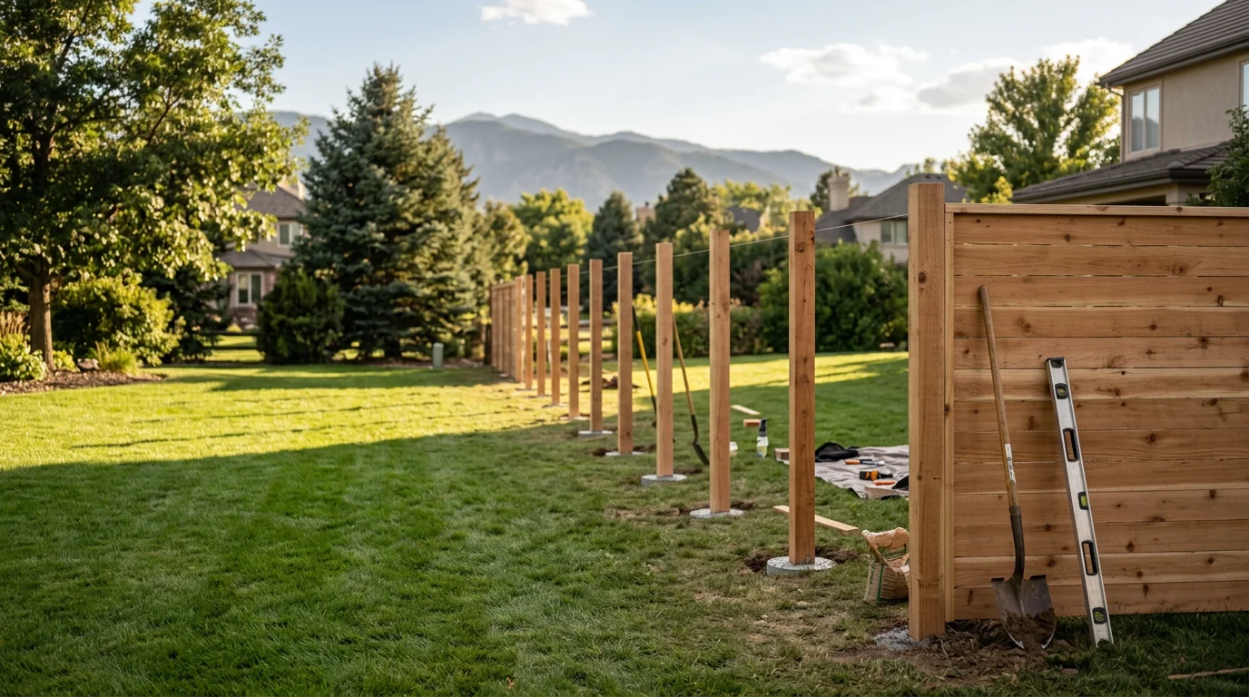 A newly installed wood perimeter fence running along the edge of a large residential lot in Cherry Hills Village, Colorado. Posts are set straight and evenly spaced against a backdrop of mature trees and open lawn.