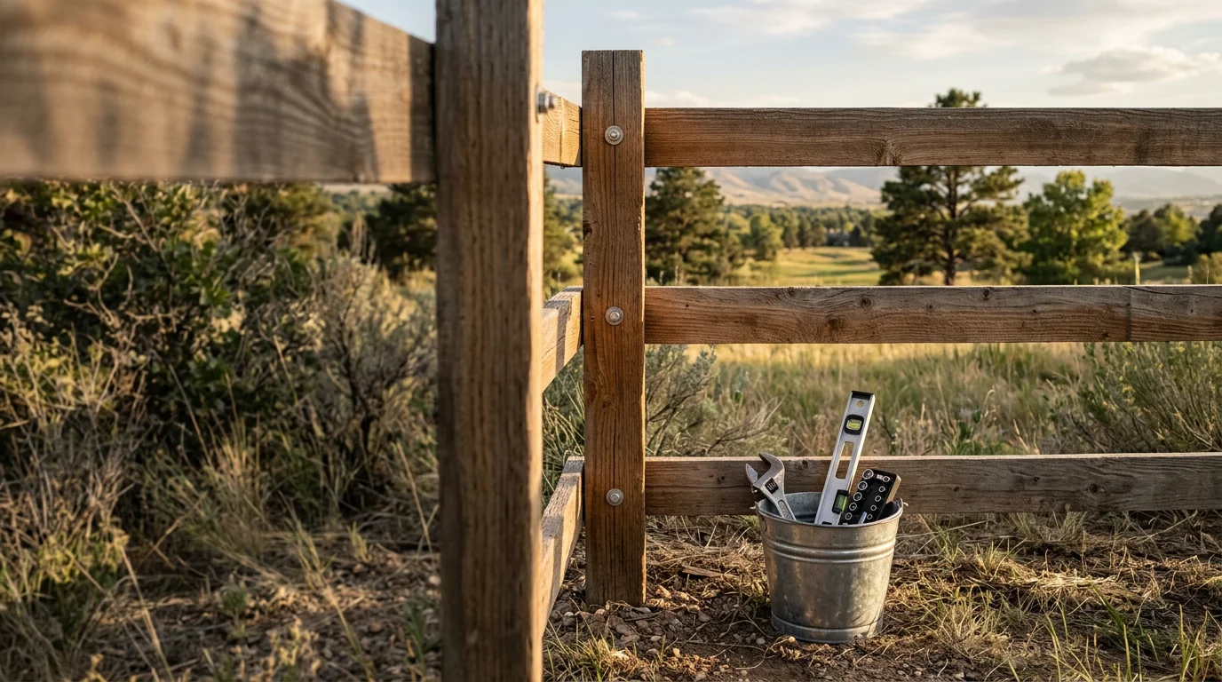 A well-maintained wooden perimeter fence on a residential property in Cherry Hills Village, Colorado, with straight posts and clean rails after a professional maintenance visit by Centennial Property Maintenance.
