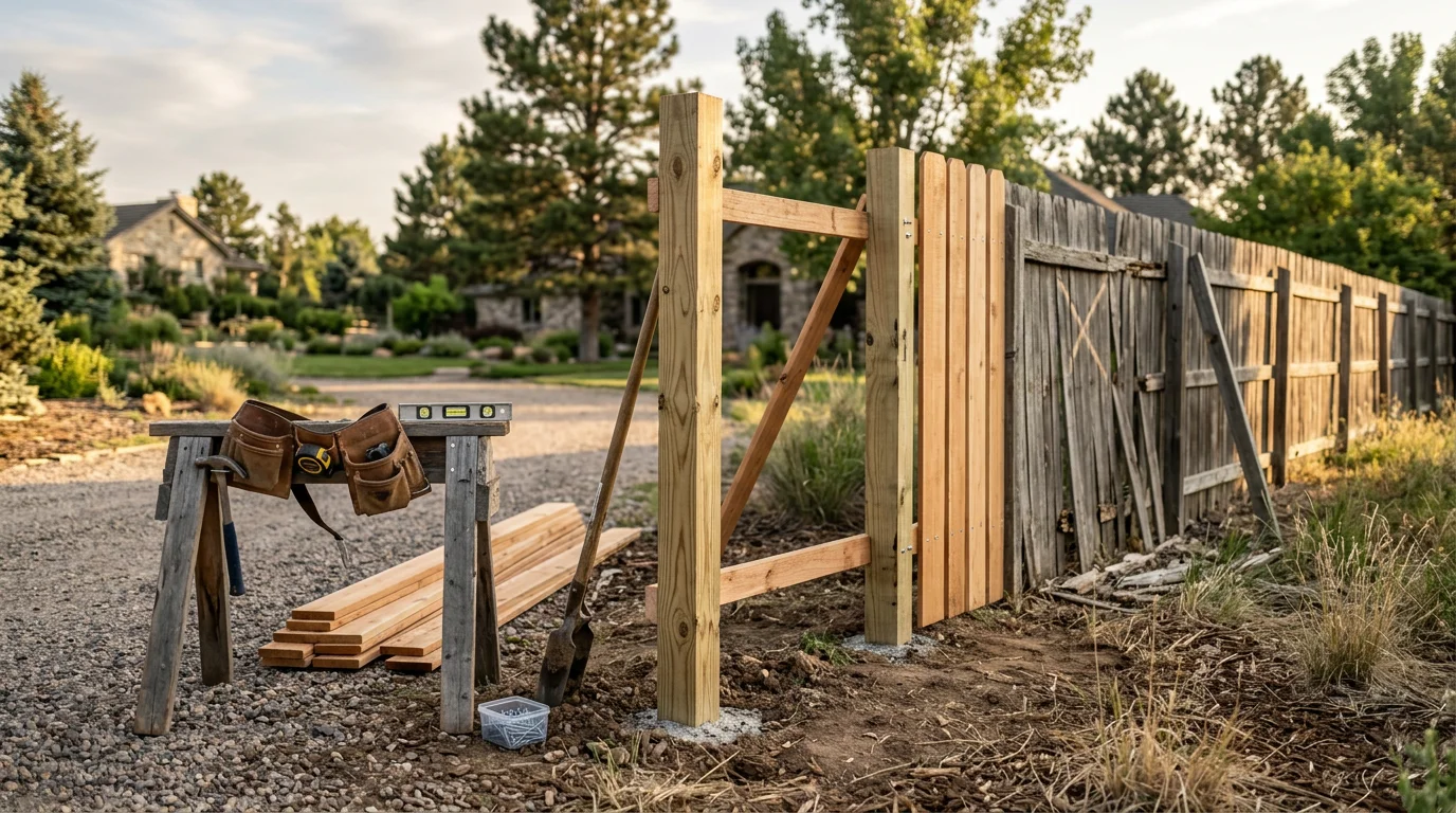 A repaired wood fence along the perimeter of a residential property in Cherry Hills Village, Colorado, with reset posts and replaced boards standing straight against a clear sky. Close view shows tight fasteners and consistent panel spacing after professional fence repair work.