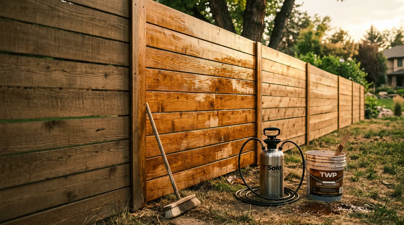 A freshly stained and sealed wood privacy fence on a residential property in Cherry Hills Village, Colorado, showing even color and clean grain after professional surface preparation and sealant application.