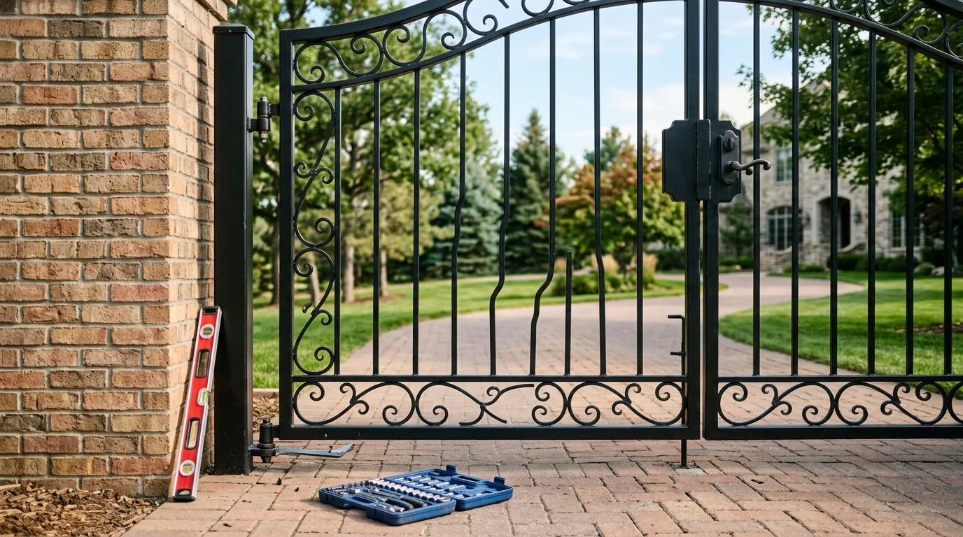 A newly installed residential entry gate on a large estate property in Cherry Hills Village, Colorado, with a straight frame, secure latch hardware, and a clean post set along a paved driveway.