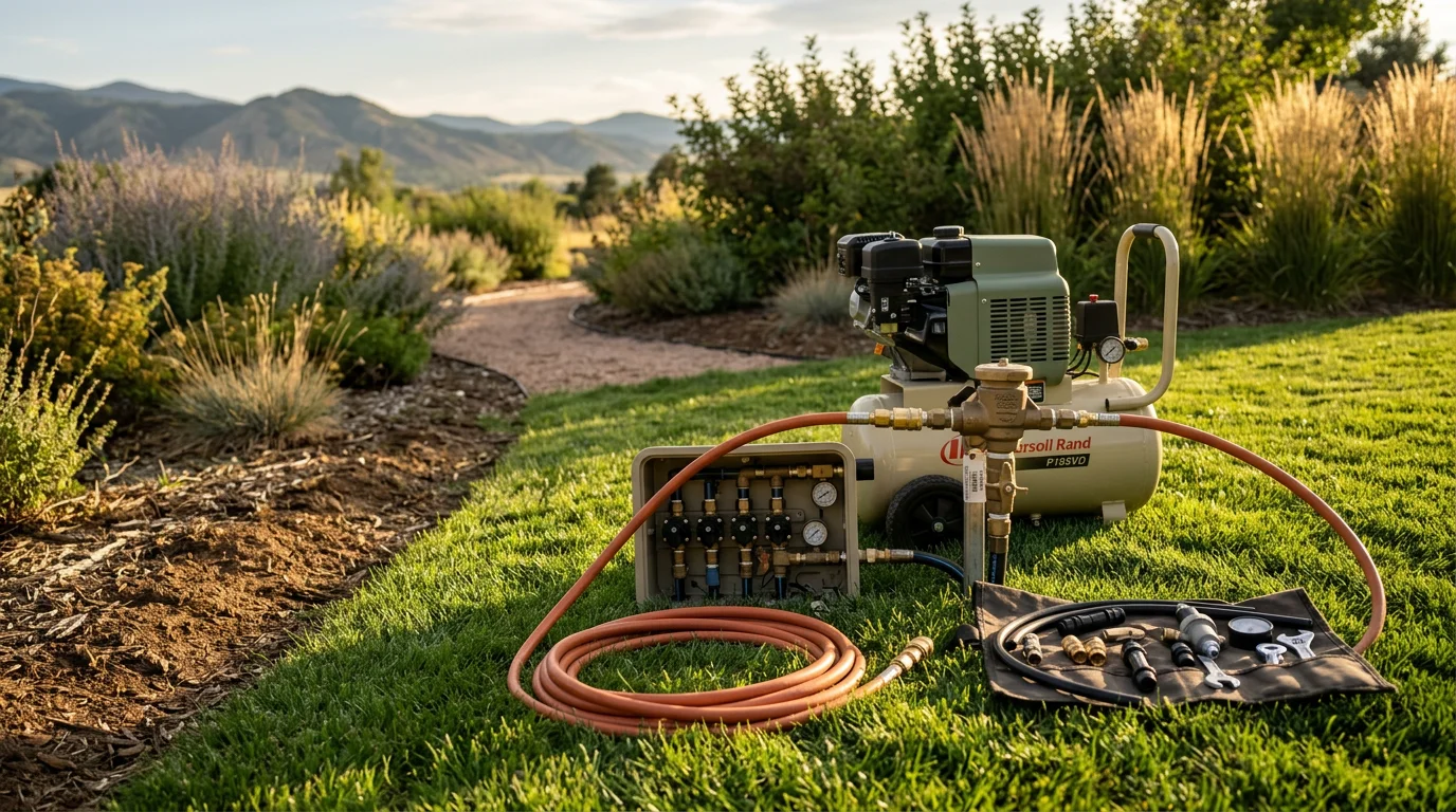 A lawn sprinkler system blowout in progress at a Cherry Hills Village estate property, with compressed air clearing water from a sprinkler head on a dormant grass zone in fall.