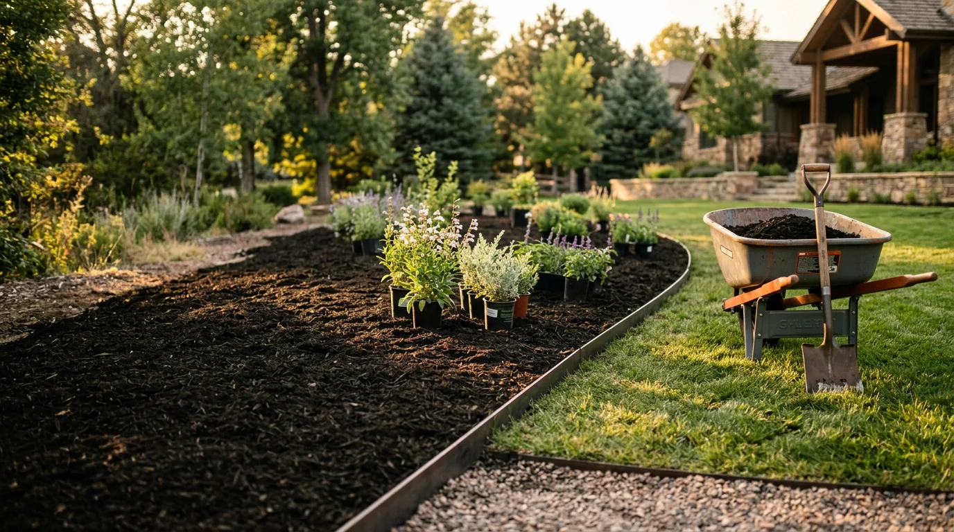 Freshly installed landscape bed with clean-cut edging and shaped soil along the front of a residential property in Cherry Hills Village, Colorado. The defined border separates the planting area from the surrounding lawn.