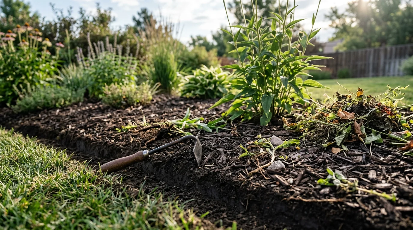 Freshly maintained landscape beds with clean-cut edges and cleared soil around established plantings at a Cherry Hills Village residential property. Weeds have been removed and bed borders are sharply defined against the lawn.