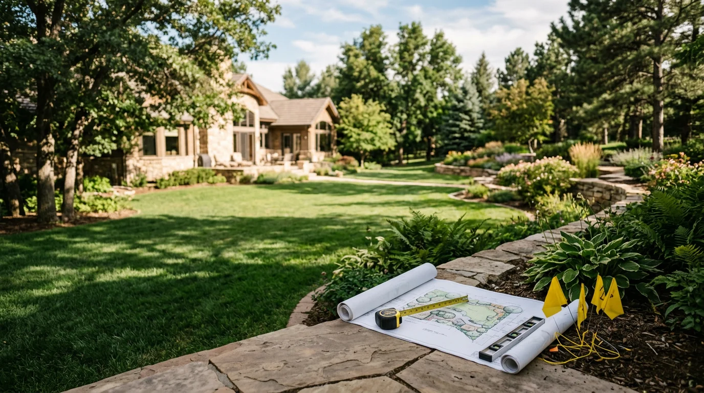 A large residential lot in Cherry Hills Village with mature trees, open lawn areas, and established planting beds viewed during an outdoor landscape design consultation. A property professional reviews the layout of the yard with a homeowner on a clear Colorado day.