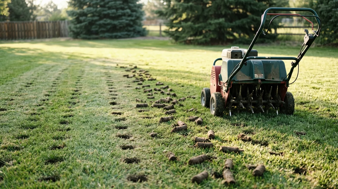 A lawn aeration machine pulling soil plugs from a large residential lawn in Cherry Hills Village, Colorado, with small cores of clay soil visible on the grass surface. The surrounding turf shows the dense, established grass typical of estate properties in the area.