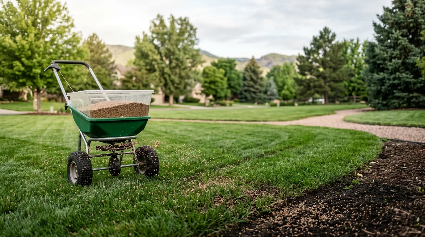 A dense, evenly green residential lawn in Cherry Hills Village, Colorado after a professional fertilizing treatment. A lawn care technician from Centennial Property Maintenance applies fertilizer across a large open turf area on a clear Colorado day.