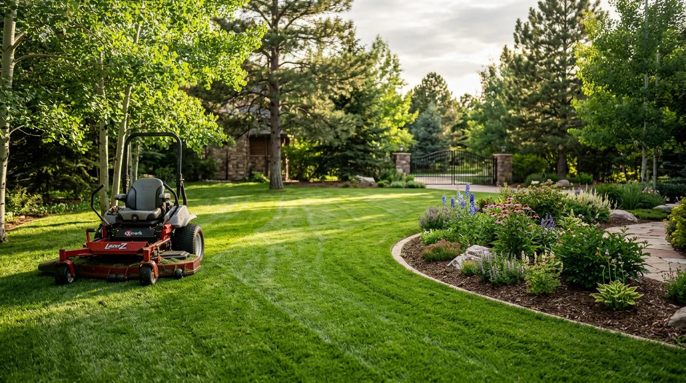 A freshly mowed estate lawn in Cherry Hills Village, Colorado, with clean mowing lines, trimmed bed edges, and mature trees in the background. The turf is even and well-maintained across a large residential lot on a clear Colorado summer day.