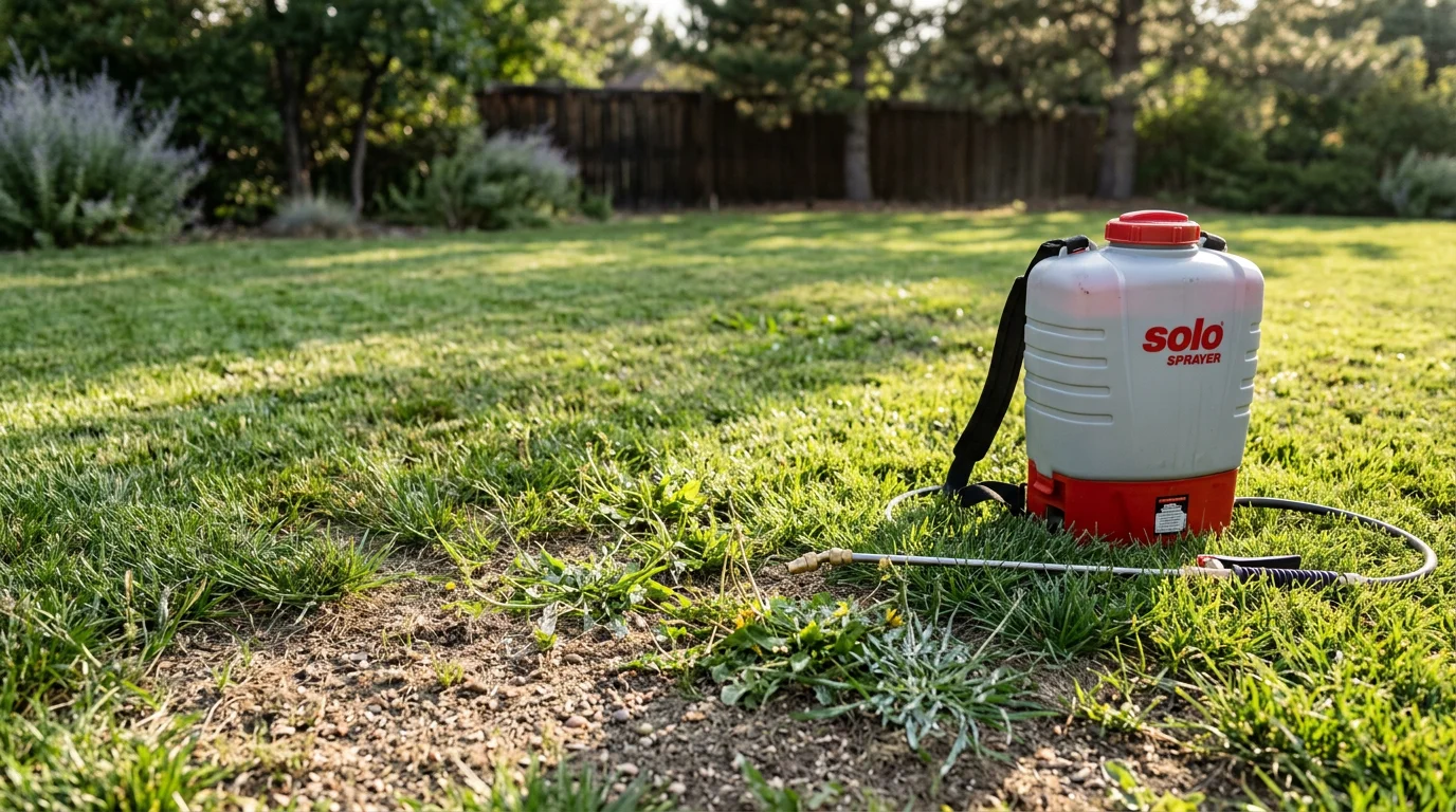 A dense, weed-free residential lawn in Cherry Hills Village, Colorado after professional pre-emergent and post-emergent weed control treatment. Green turf stretches across a well-maintained front yard with no visible dandelions, crabgrass, or broadleaf weeds.