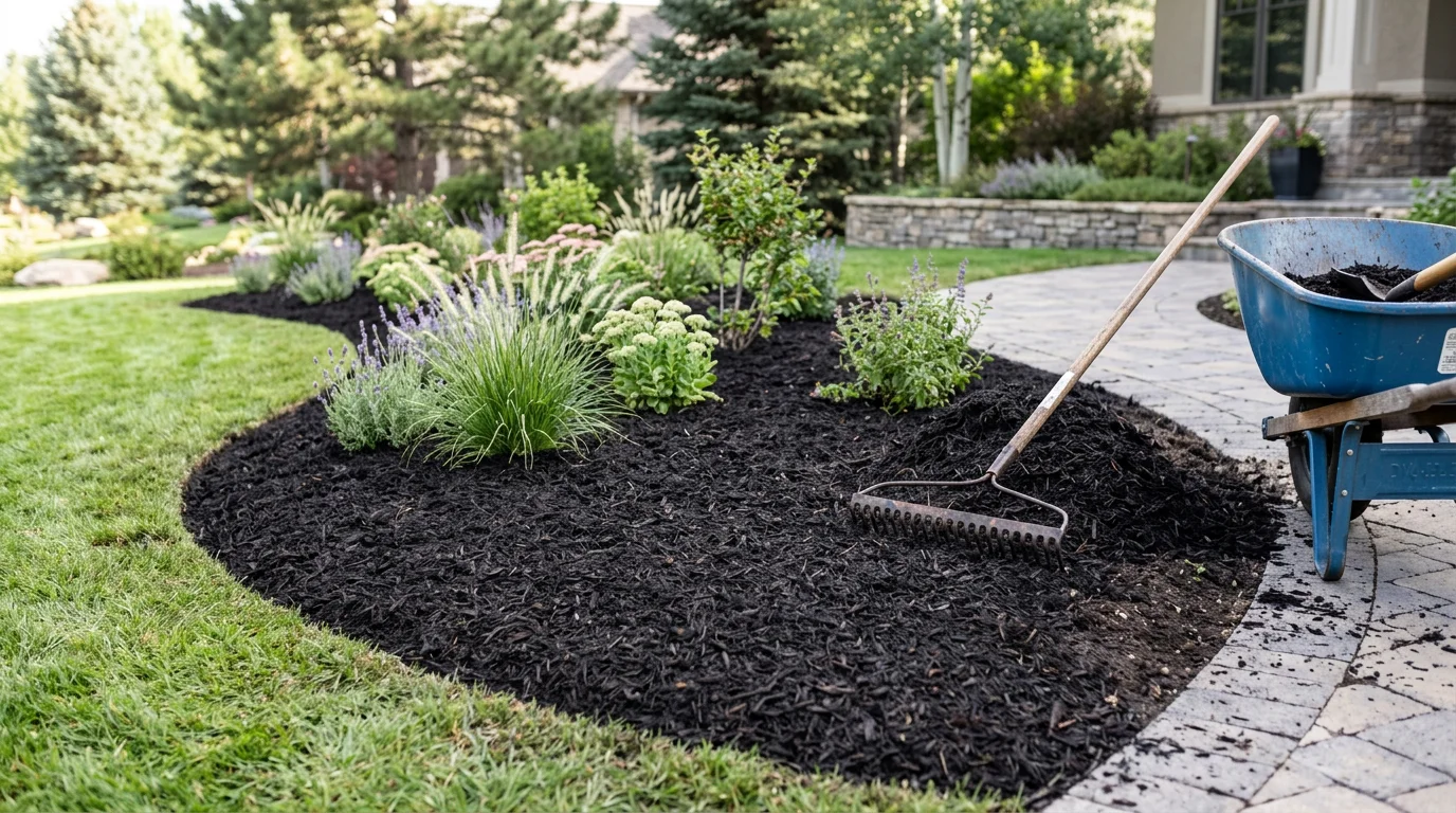 Freshly installed dark mulch spread evenly across a landscaped bed surrounding ornamental plantings at a Cherry Hills Village residential property. Mulch edges are clean and well-defined along a paved entry walkway.