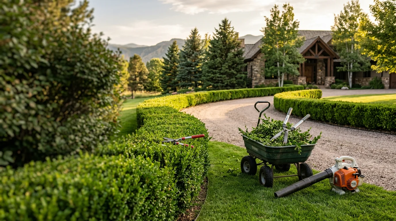 Neatly trimmed ornamental shrubs lining a residential driveway in Cherry Hills Village, Colorado, with clean edges and open canopy structure visible after professional shaping by Centennial Property Maintenance.