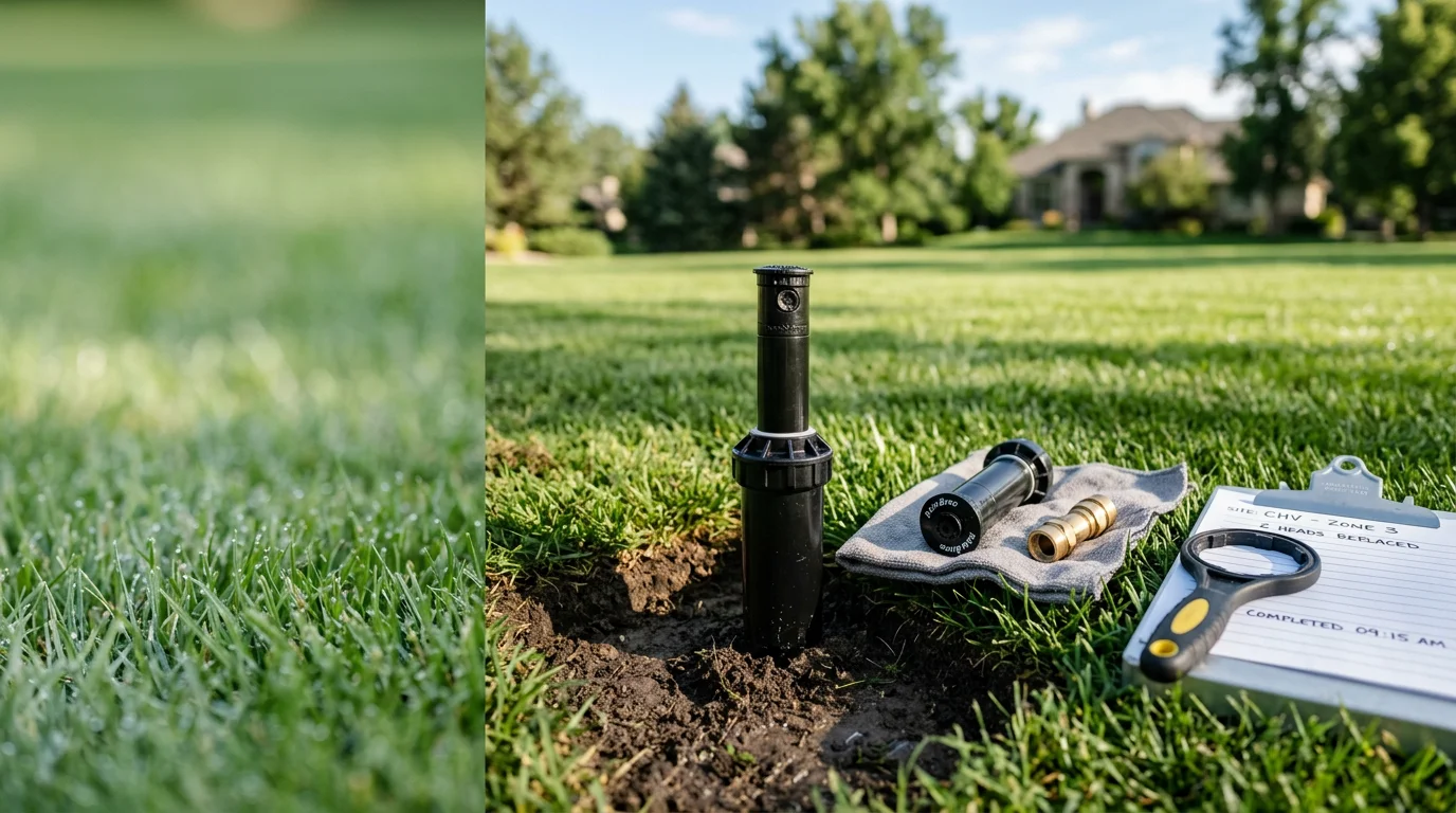 A freshly replaced sprinkler head flush with the turf surface on a residential lawn in Cherry Hills Village, Colorado, with an active spray arc covering an even section of green grass.