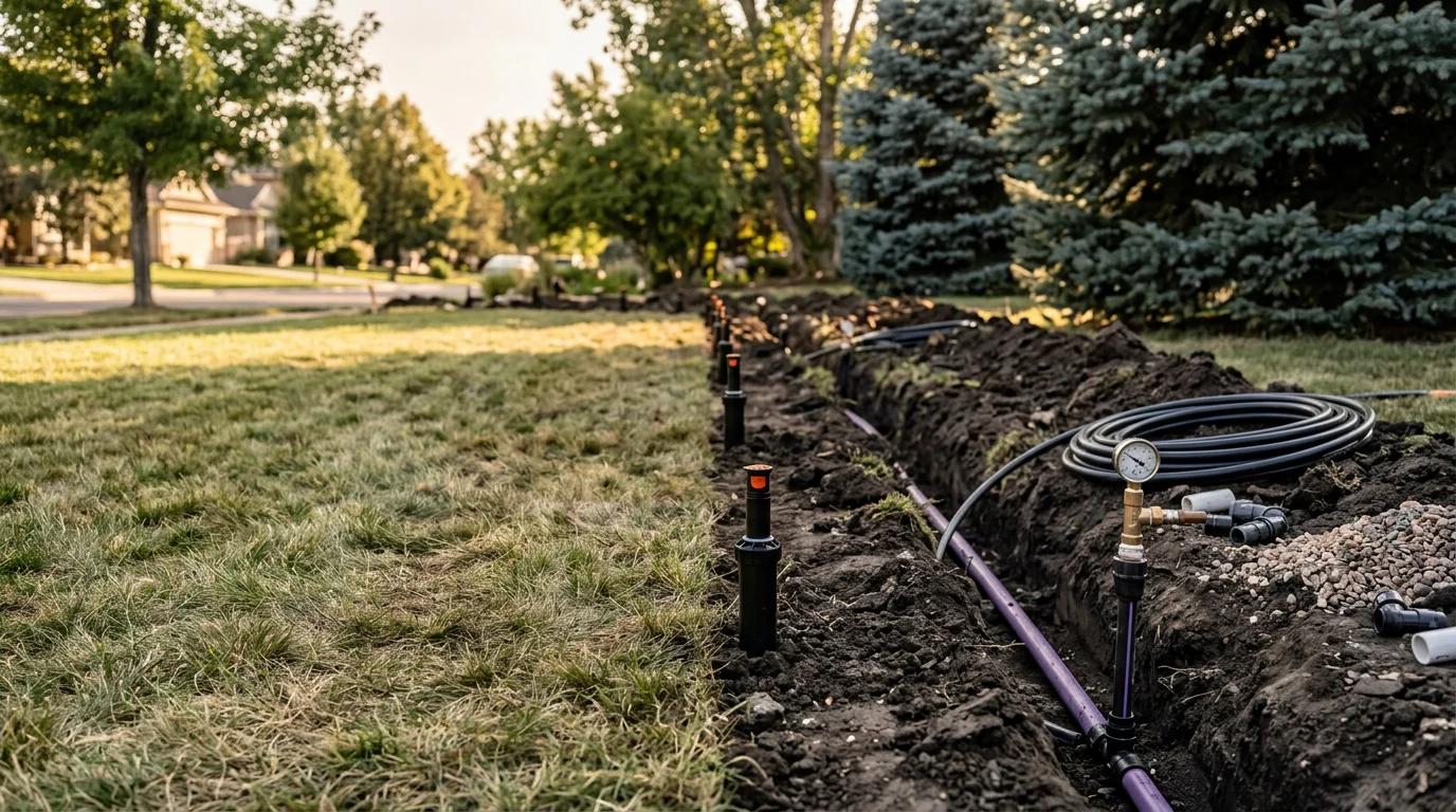 A freshly installed in-ground sprinkler system running across a large residential lawn in Cherry Hills Village, Colorado, with multiple spray heads covering turf and ornamental bed zones on an estate-sized property.