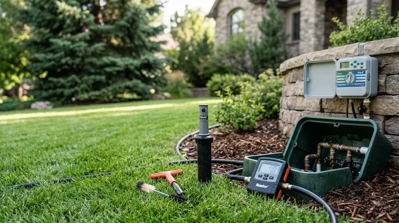 A sprinkler system maintenance technician inspecting and adjusting an irrigation zone head on a large residential lawn in Cherry Hills Village, Colorado. Green turf stretches across a wide lot with mature trees visible in the background.