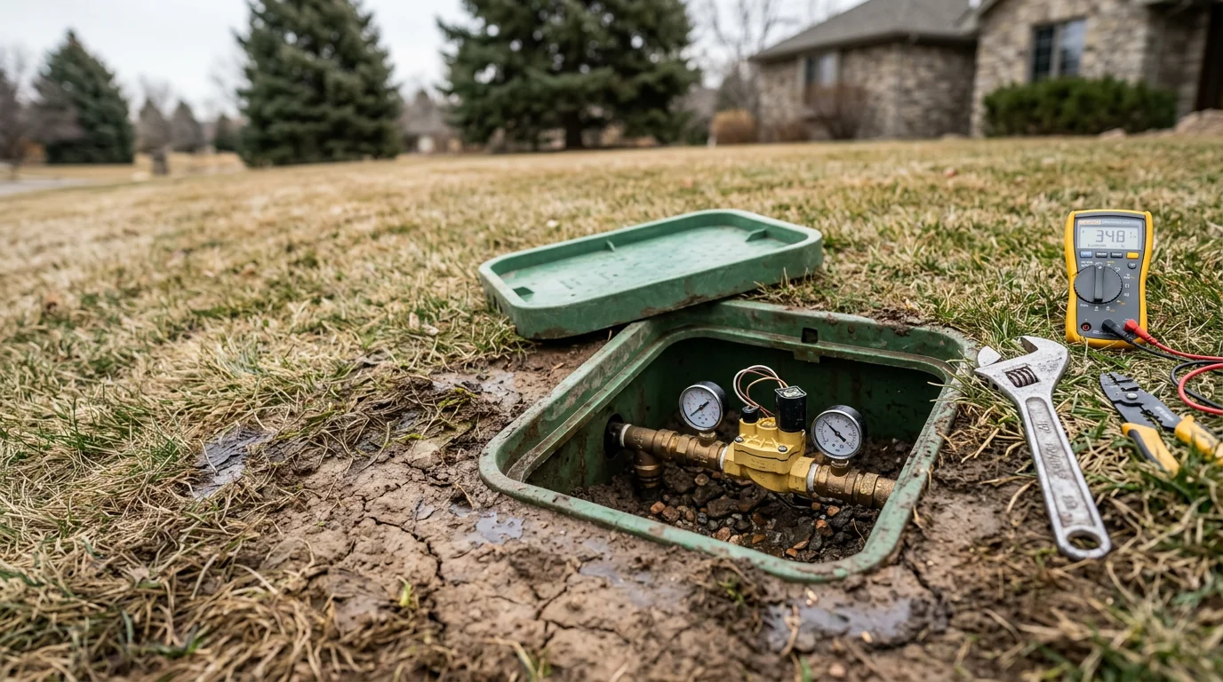 A sprinkler system valve box open in a Cherry Hills Village lawn, showing repaired fittings and clean zone connections on a large residential property. A technician from Centennial Property Maintenance checks zone pressure after completing the repair.
