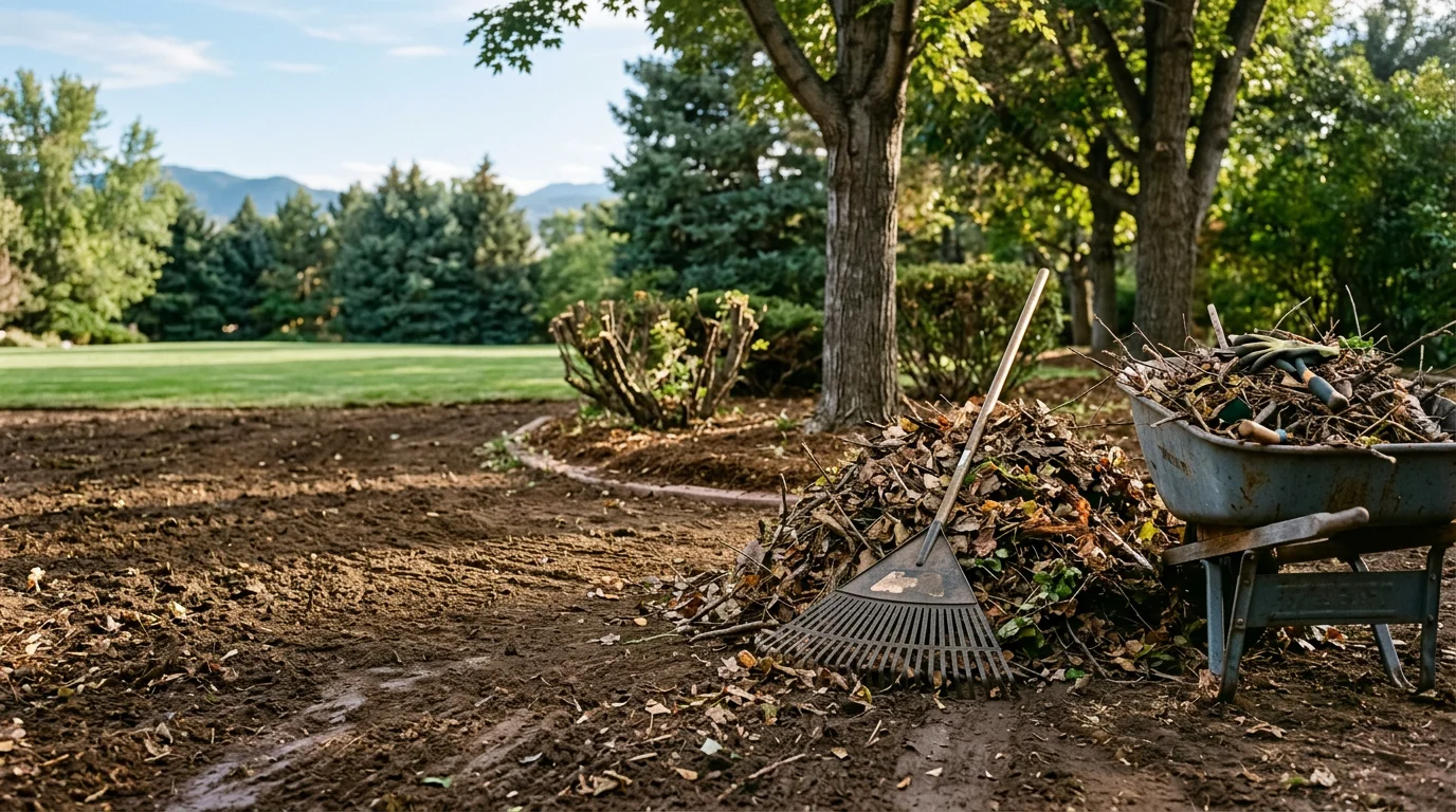 A tidy Cherry Hills Village residential yard after a professional cleanup, with cleared garden beds, bare lawn free of leaf debris, and collected branches staged near the curb for removal. A large mature tree stands in the background against a Colorado sky.